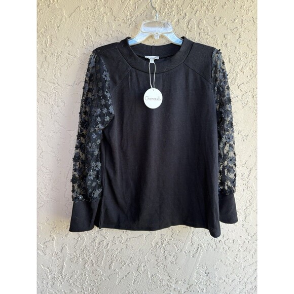 Chenault Women NWT Daisy Beaded Lace Sleeve Black XL Blouse Stretch - Picture 1 of 8